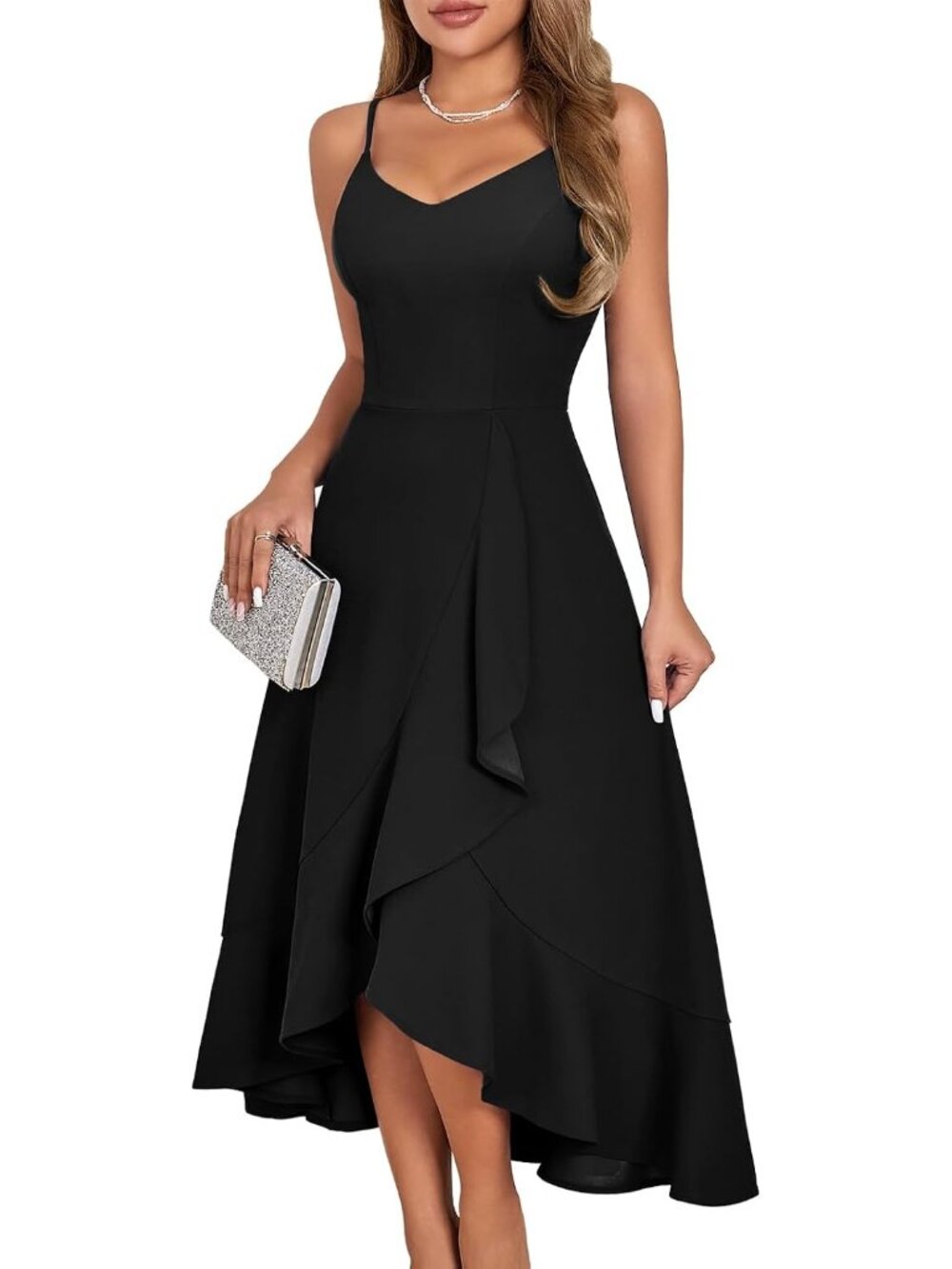 Women's Black Spaghetti Strap Cocktail Ruffle For Formal Wedding Guest Dresses